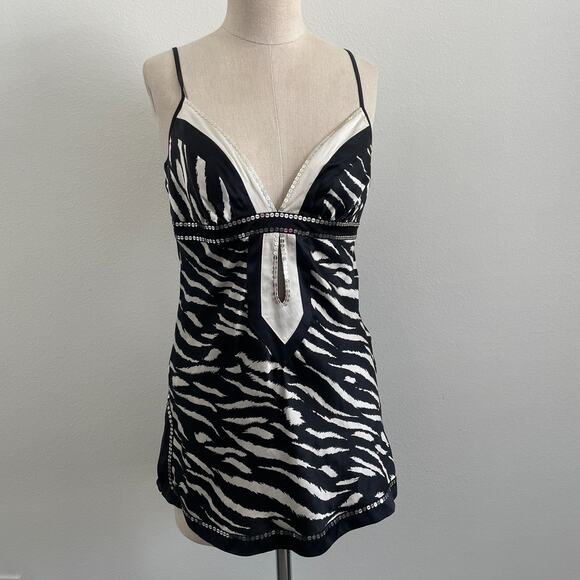Y2k Bebe Silk Tank Top Women M Zebra Print Sequin V Neck Tunic Party Whimsigoth - Picture 1 of 10